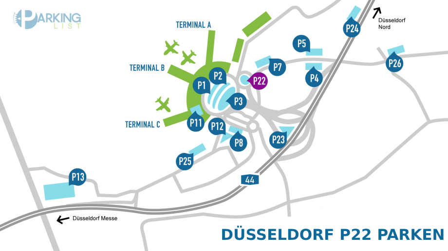 Parkplatz P22 Flughafen Düsseldorf Apcoa www.parkinglist.de