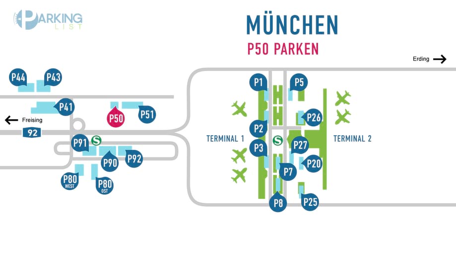 Parken auf Parkplatz P50 am Flughafen München